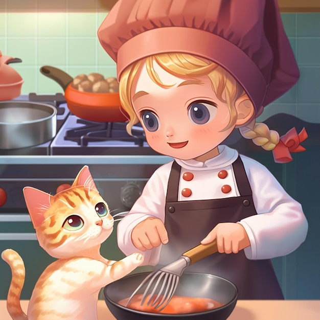 Há uma menina cozinhando com um gato na cozinha.