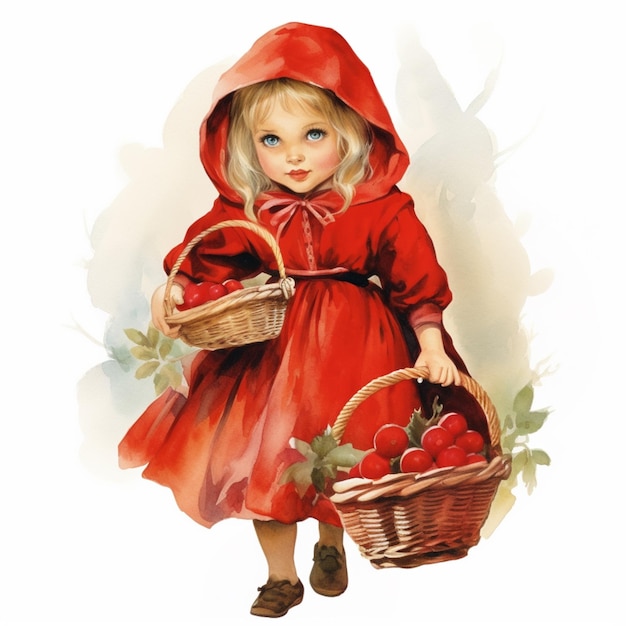 Há uma menina de vestido vermelho segurando um cesto de maçãs.