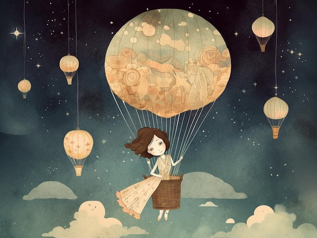 Há uma menina que está voando no céu com um balão generativo ai
