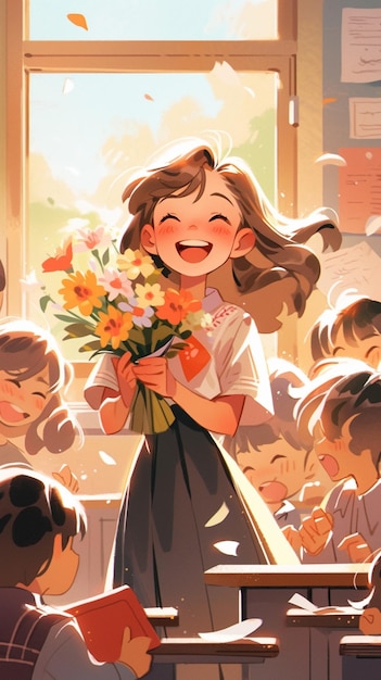 há uma menina segurando um bouquet de flores em uma sala de aula generativa ai