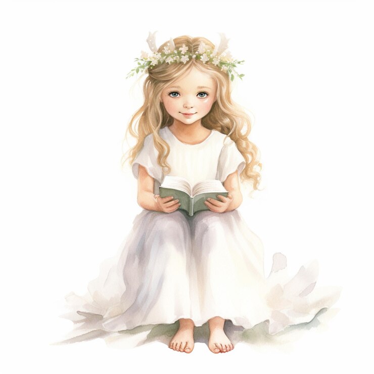 Foto há uma menina sentada no chão lendo um livro generativo ai