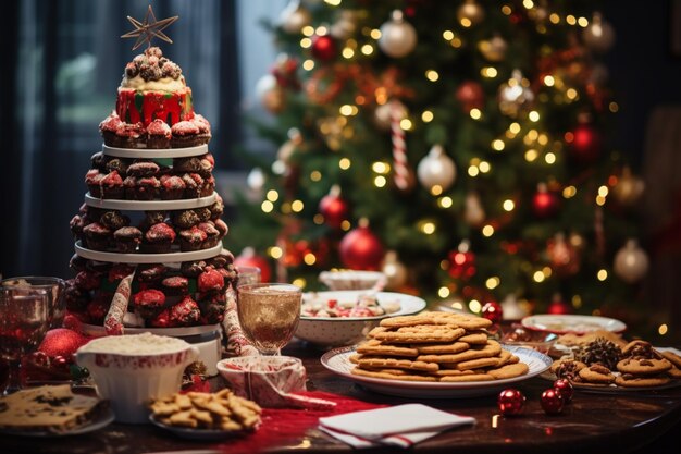 Há uma mesa com biscoitos e biscoitos e uma árvore de Natal ao fundo.