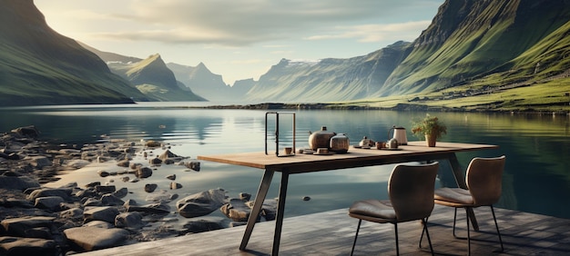 Há uma mesa com duas cadeiras perto de um lago.