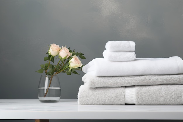 Há uma mesa com fundo cinza claro onde está colocada uma pilha de toalhas brancas macias e limpas.