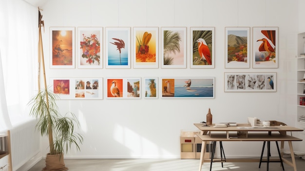 Há uma mesa com uma planta na frente de uma parede com imagens generativas ai