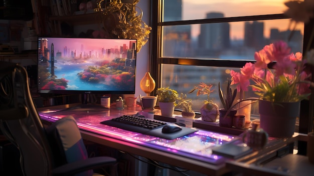 há uma mesa de computador com teclado e monitor IA generativa