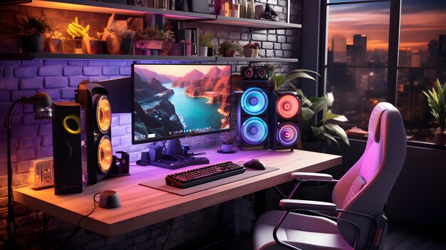 Há uma mesa de computador com um monitor e alto-falantes generativos