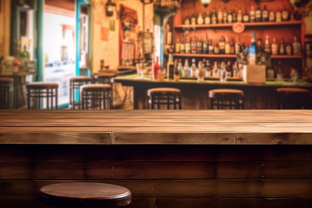 Foto há uma mesa de madeira com um banquinho em frente a um bar ai generative