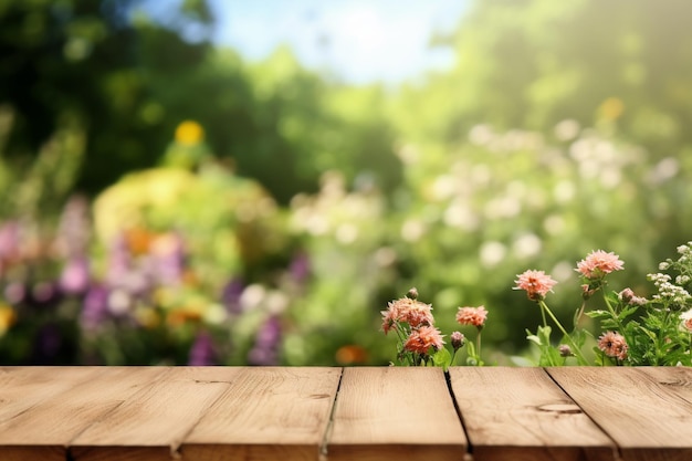 há uma mesa de madeira com um jardim de flores no fundo generativo ai