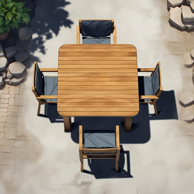 há uma mesa de madeira e cadeiras em um pátio generativo ai