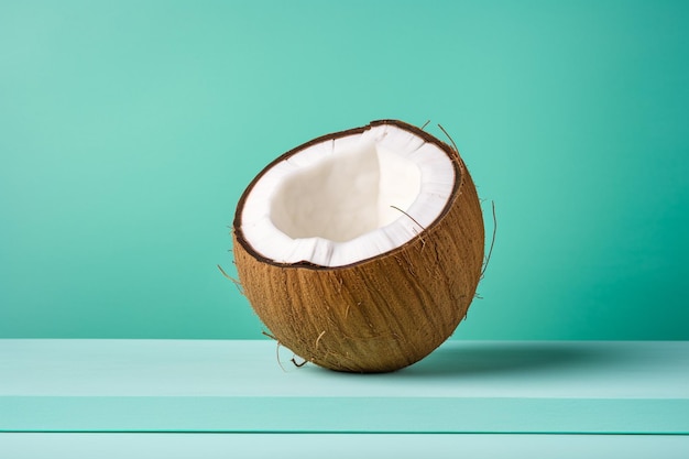 há uma metade de um coco em uma mesa com um fundo verde generativo ai