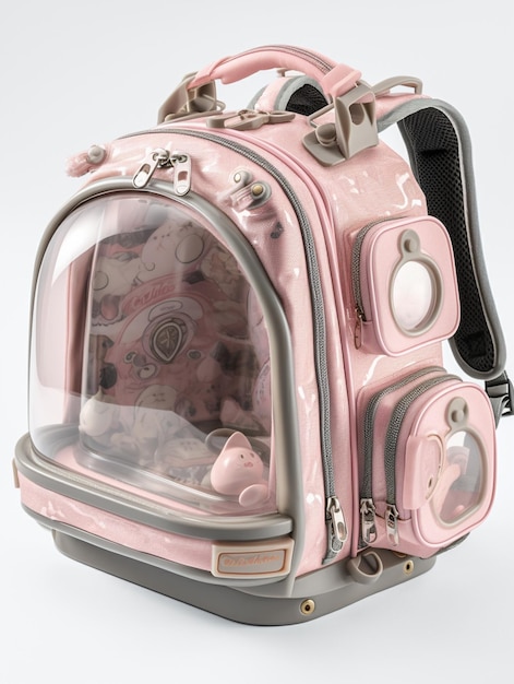 Há uma mochila rosa com uma menina dentro dela.