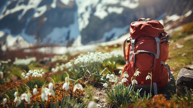 Há uma mochila vermelha sentada em uma colina rochosa com gotas de neve generativa ai