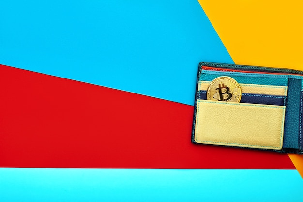 Há uma moeda de criptografia bitcoin no bolso da carteira.
