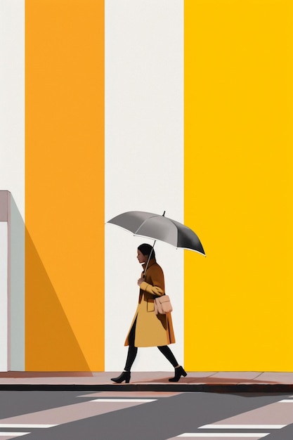 Há uma mulher a caminhar pela rua com um guarda-chuva.