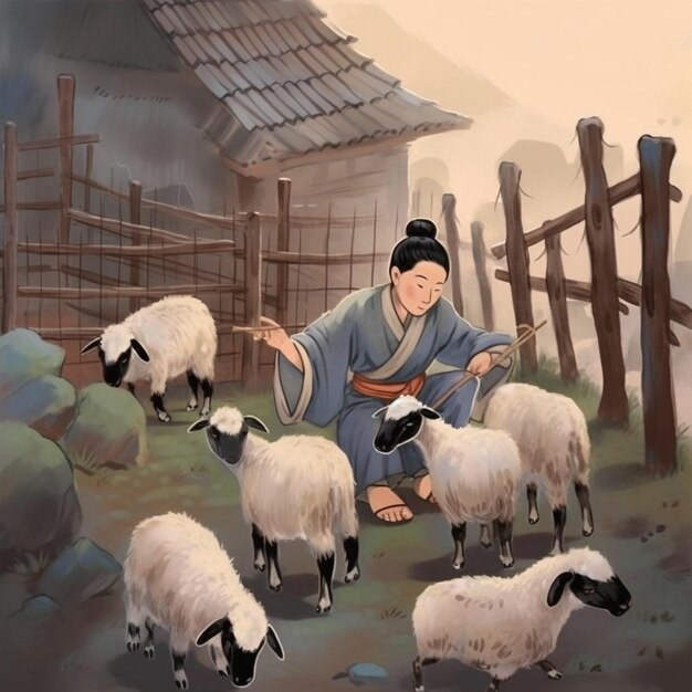 Foto há uma mulher ajoelhada com um bando de ovelhas generativo ai