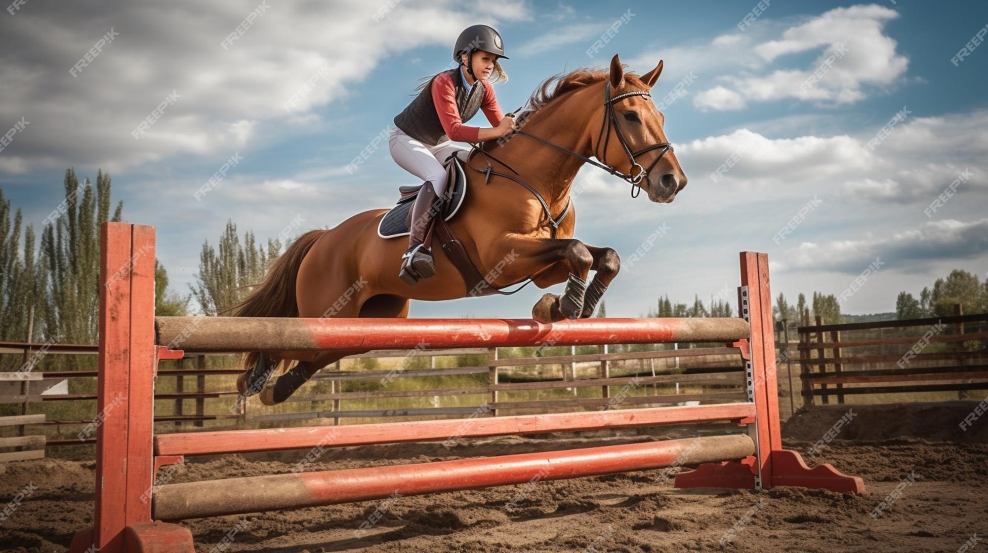 Há uma mulher andando a cavalo pulando sobre uma cerca de madeira