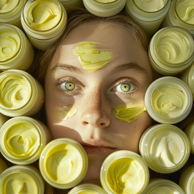 Há uma mulher com tinta amarela no rosto cercada por latas generativas.