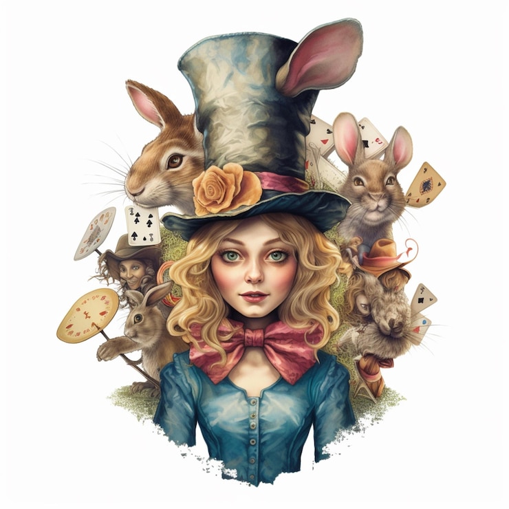 Foto há uma mulher com um chapéu alto e muitos animais em torno de sua ai generativa