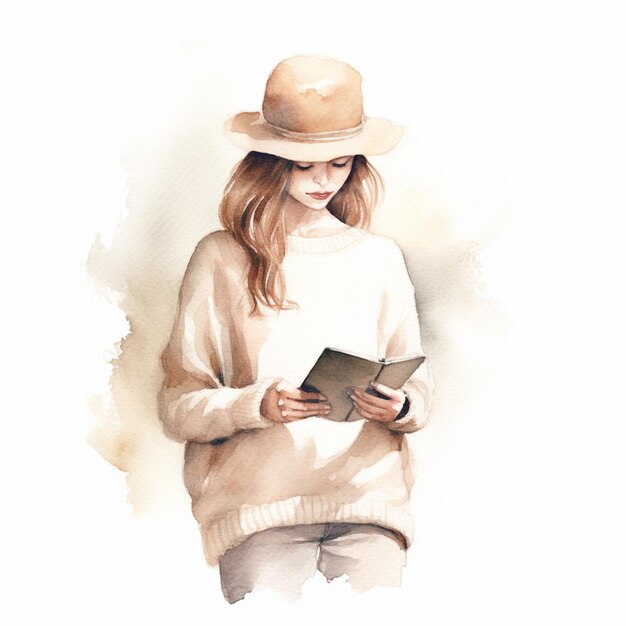 Foto há uma mulher com um chapéu e camisola lendo um livro generativo ai