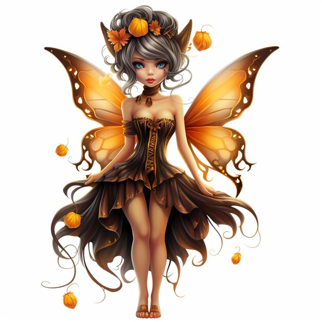 Há uma mulher com um traje de borboleta e flores de laranja generativa ai