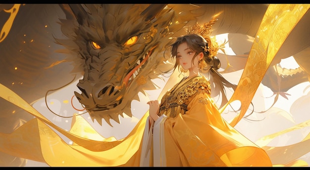 há uma mulher com um vestido amarelo parada ao lado de um dragão generativo ai