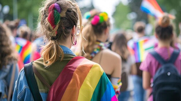 Há uma mulher com uma camisa colorida arco-íris caminhando em uma multidão generativa ai