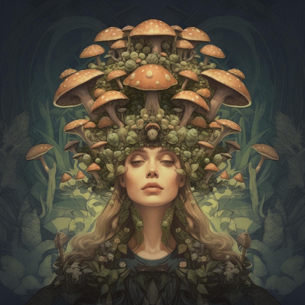 Foto há uma mulher com uma grande cabeça de cogumelos em sua cabeça generativa ai