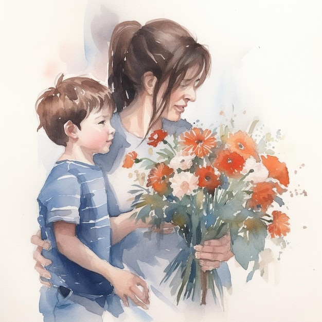 há uma mulher e uma criança segurando um buquê de flores ai generativa