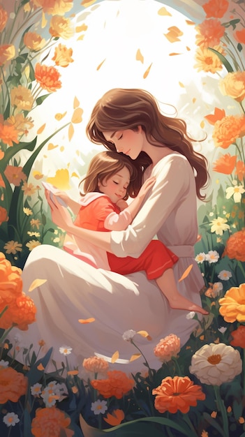 há uma mulher e uma criança sentados em um campo de flores generativo ai