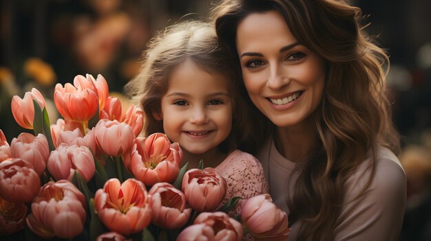 há uma mulher e uma menina segurando um buquê de flores IA generativa