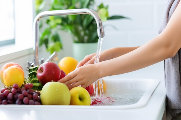 Foto há uma mulher lavando frutas em um lavatório com uma torneira generativa ai
