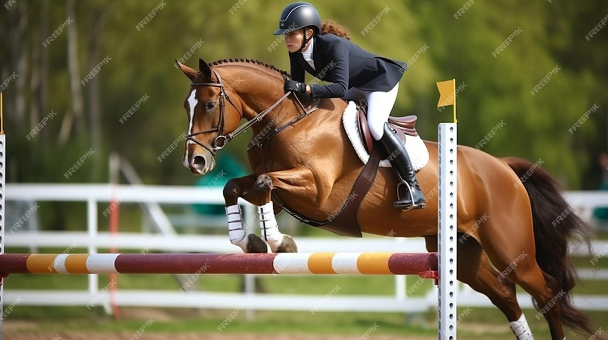 Foto de Cavalo Pulando Obstáculos Piloto Toma As Rédeas Antes Do