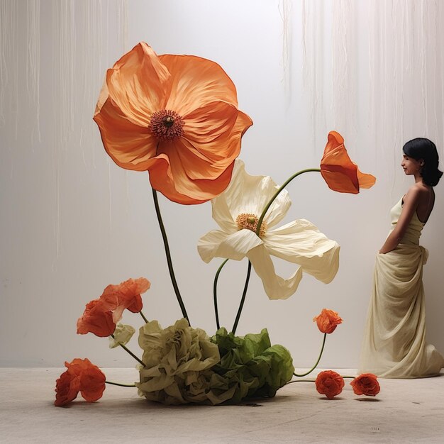 há uma mulher parada na frente de um vaso com flores generativas ai