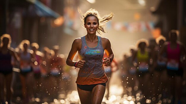 há uma mulher participando de uma corrida com muita água IA generativa