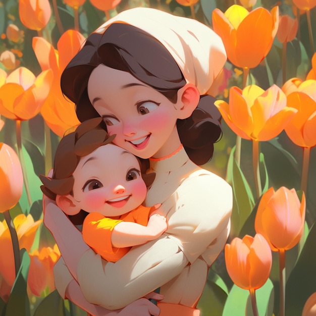 Há uma mulher segurando um bebê em um campo de flores de laranja.