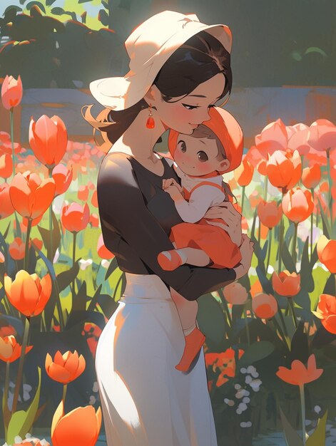 Há uma mulher segurando um bebê em um campo de flores generativo ai
