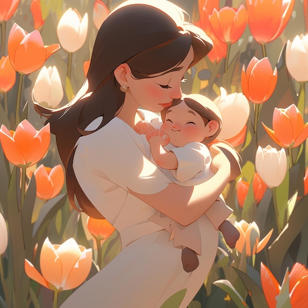 Há uma mulher segurando um bebê em um campo de flores generativo ai
