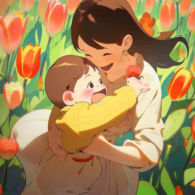 Há uma mulher segurando uma criança em um campo de flores generativo ai