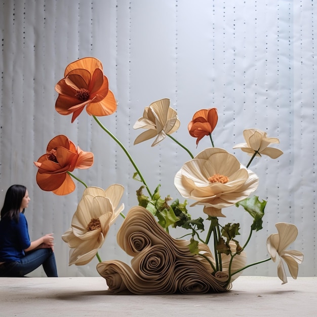 há uma mulher sentada ao lado de um vaso com flores ai generativa