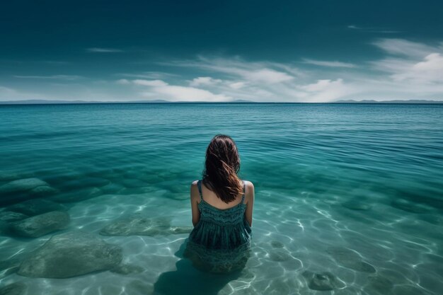 Há uma mulher sentada na água olhando para o oceano.