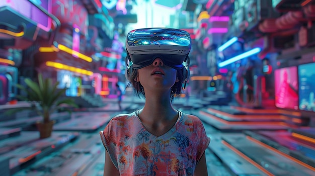 Foto há uma mulher usando um fone de ouvido de realidade virtual em uma cidade generativa ai