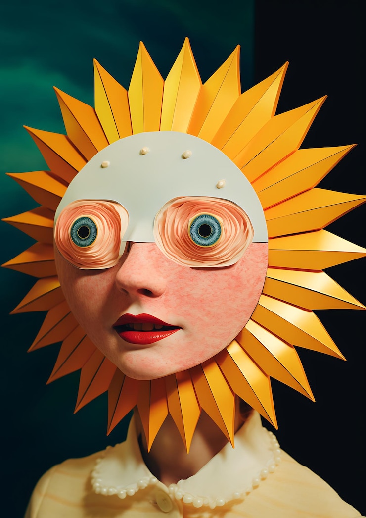 Foto há uma mulher usando uma máscara solar de papel com olhos grandes