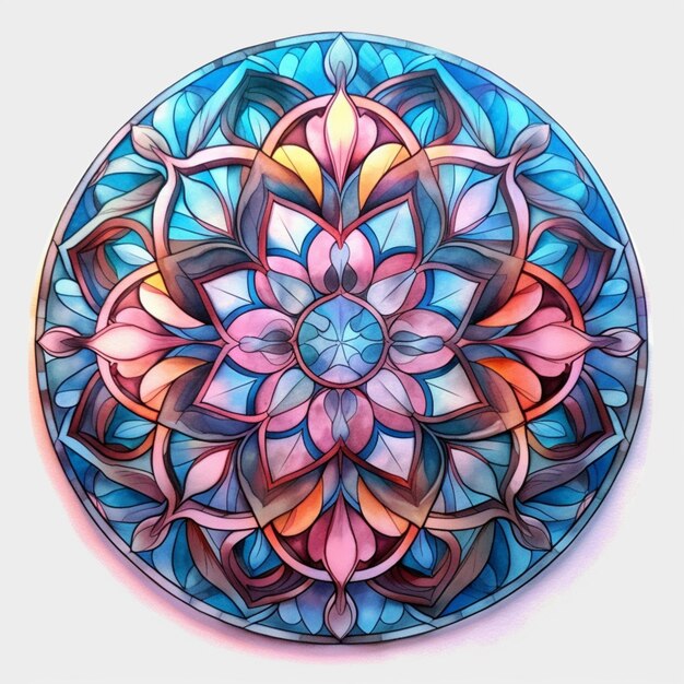 Há uma obra de arte circular colorida com uma flor nela generativa ai
