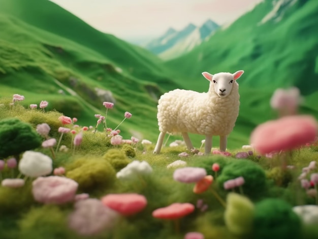 Há uma ovelha parada em um campo de flores com montanhas ao fundo generative ai