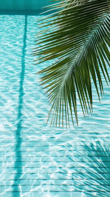 Há uma palmeira na piscina com um fundo azul generativo ai