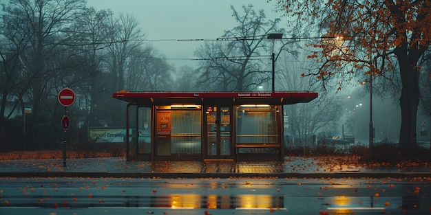 Foto há uma parada de ônibus com um toldo vermelho em um dia chuvoso