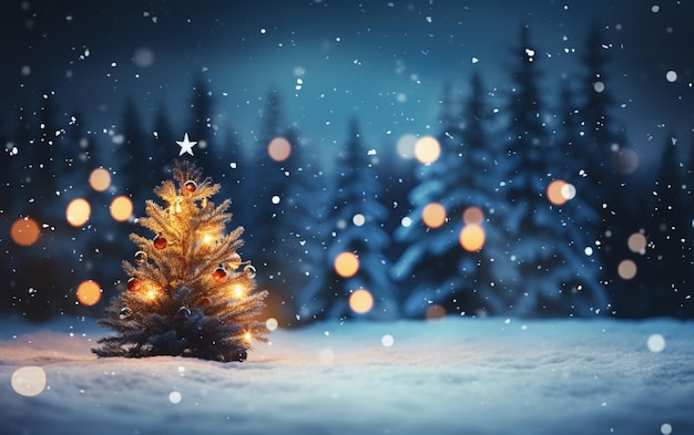 Há uma pequena árvore de Natal na neve com luzes generativas ai