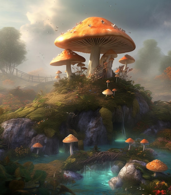 há uma pequena cachoeira correndo por uma floresta com cogumelos generativos ai