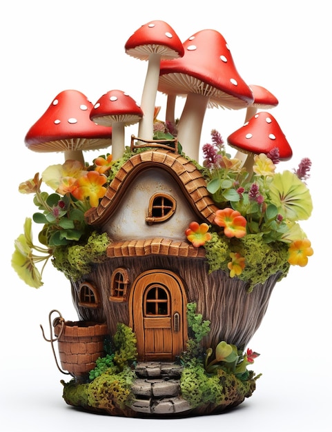 há uma pequena casa com um monte de cogumelos sobre ele generativo ai